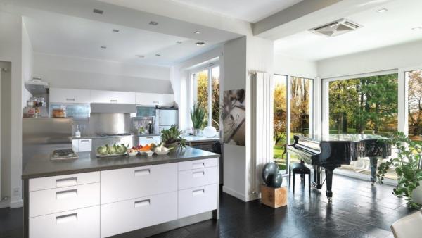 Zona living con cucina a vista e vetrate